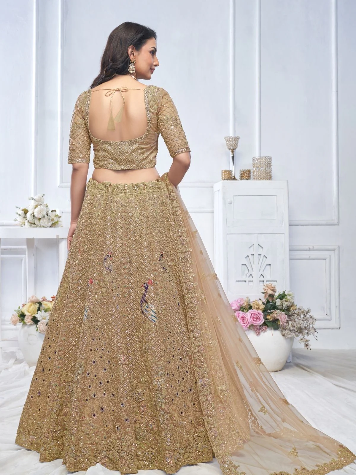 Odette Brown Soft Net Embellished Semi-Stitched Lehenga With Unstitched Blouse For Women - Image 5