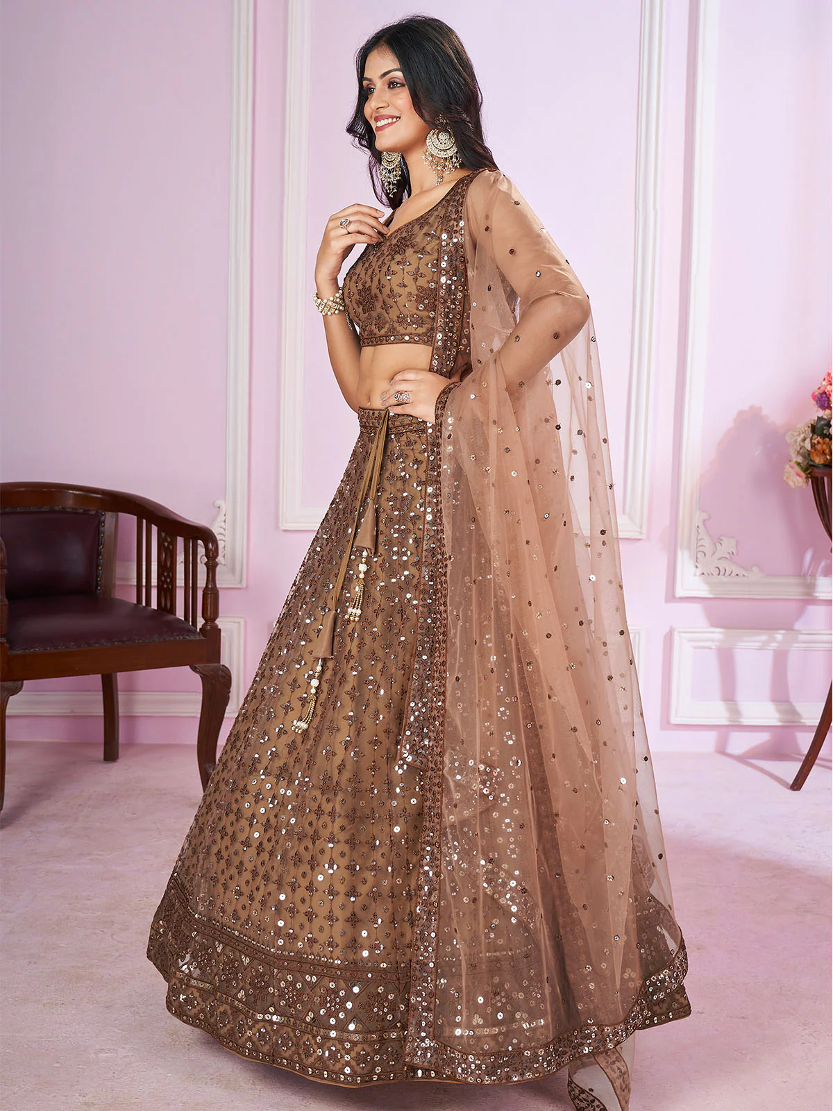 Odette Brown Soft Net Embellished Semi Stitched Lehenga With Unstitched Blouse For Women - Image 2