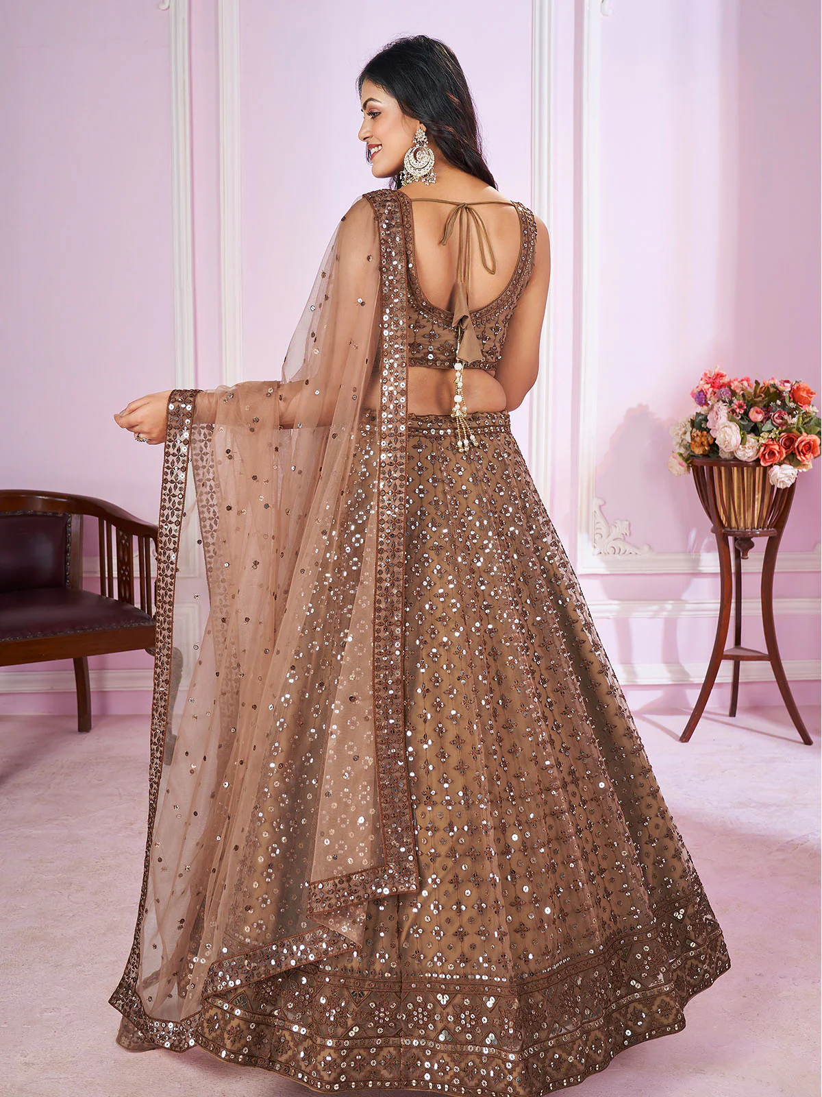 Odette Brown Soft Net Embellished Semi Stitched Lehenga With Unstitched Blouse For Women - Image 3