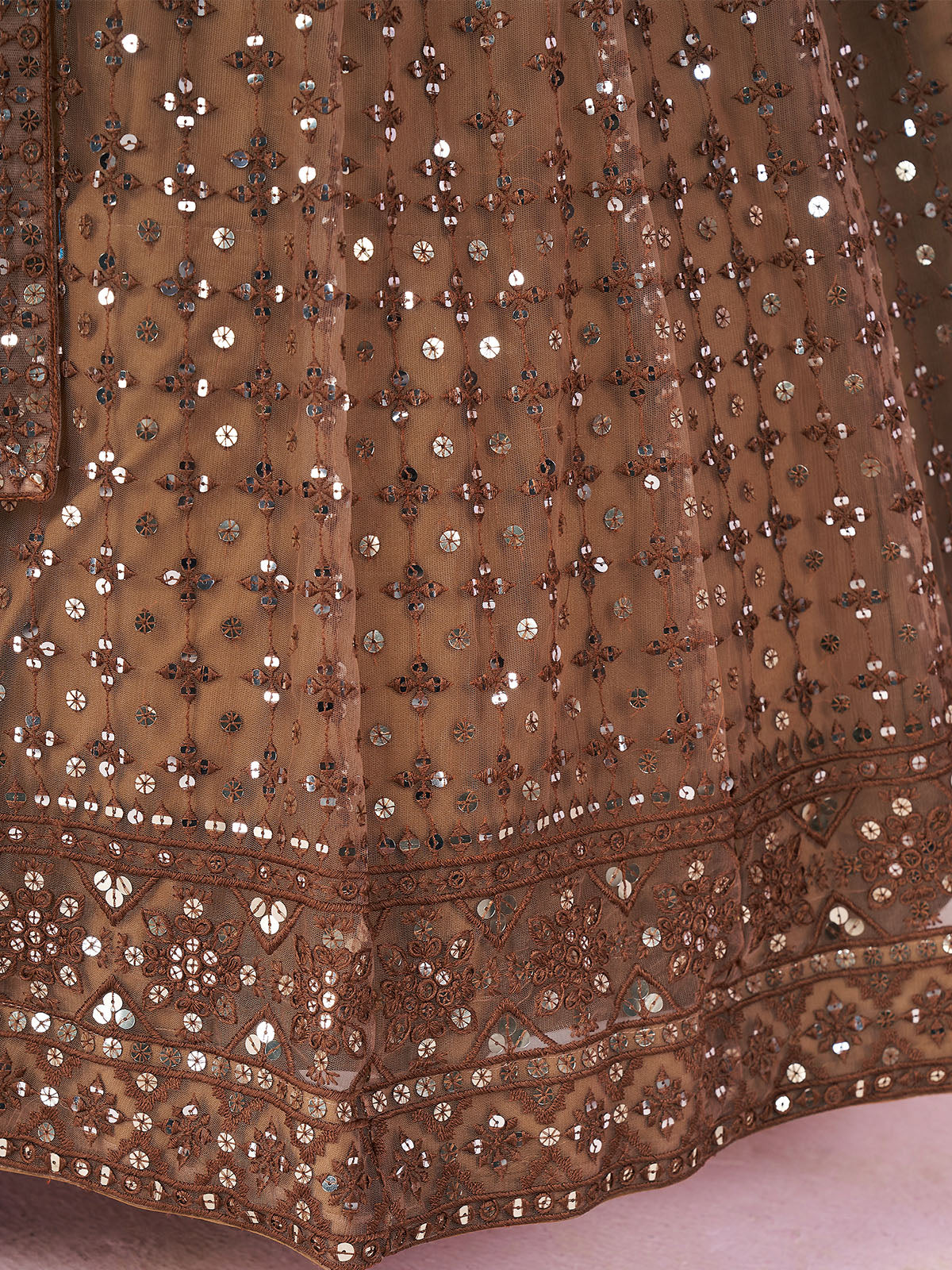 Odette Brown Soft Net Embellished Semi Stitched Lehenga With Unstitched Blouse For Women - Image 5