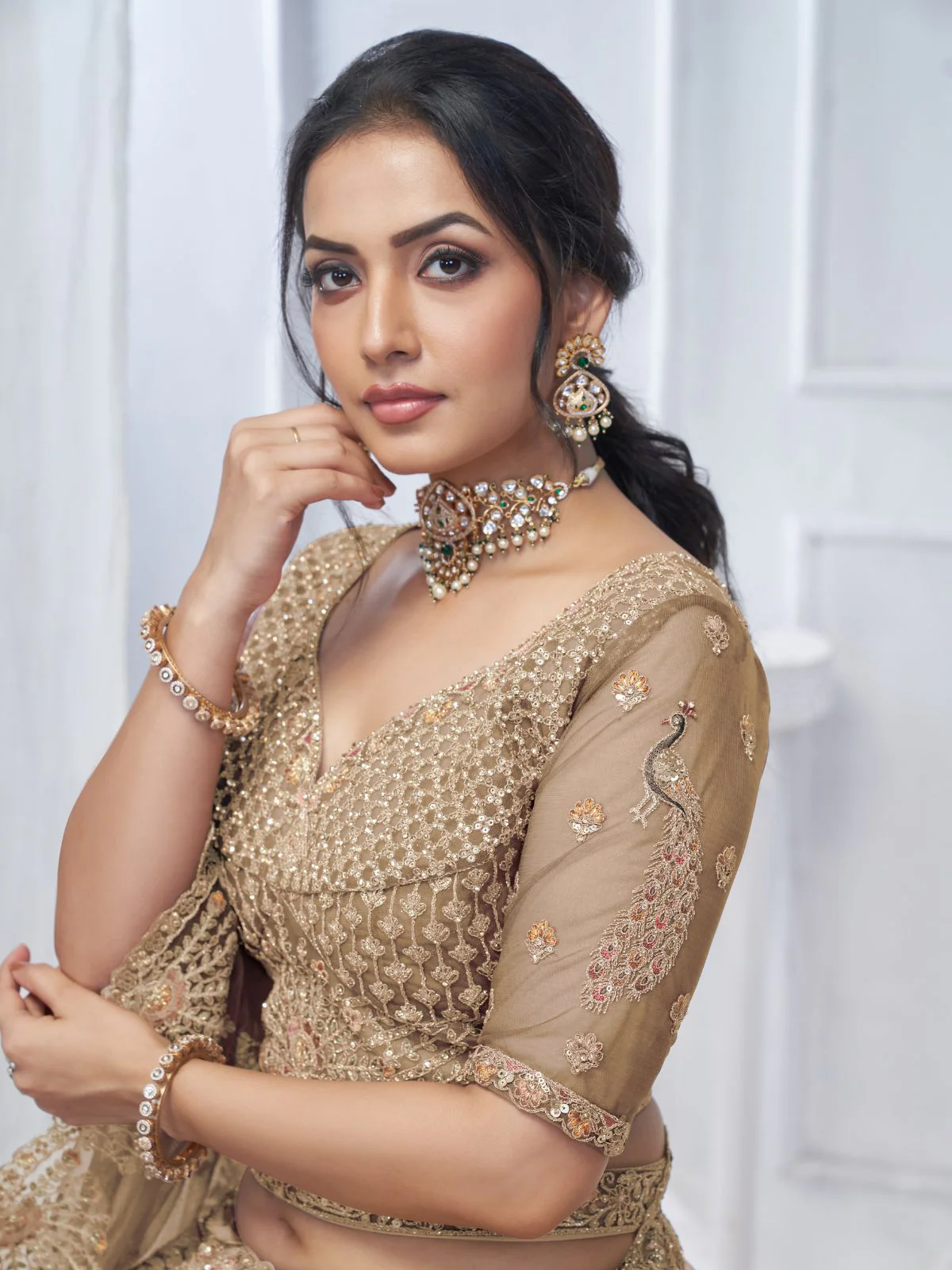 Odette Brown Soft Net Embroidered Semi-Stitched Lehenga With Unstitched Blouse For Women - Image 5