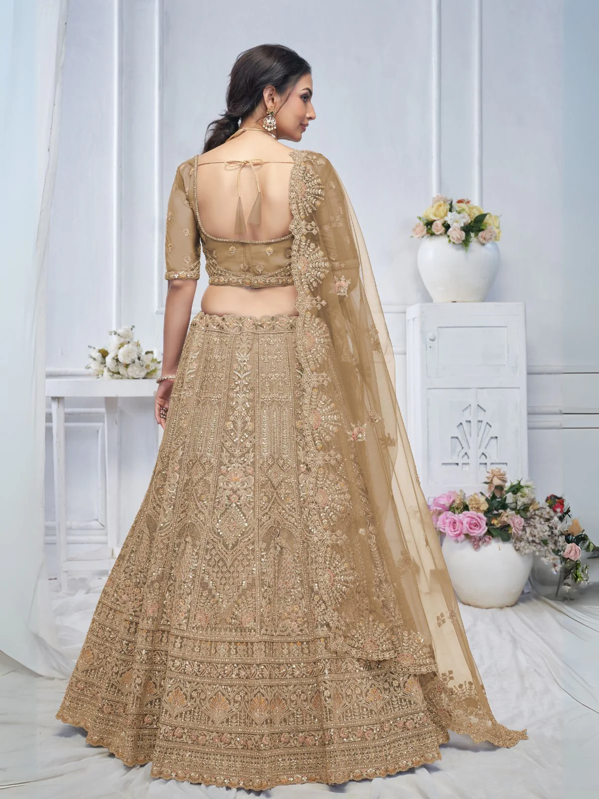 Odette Brown Soft Net Embroidered Semi-Stitched Lehenga With Unstitched Blouse For Women - Image 6