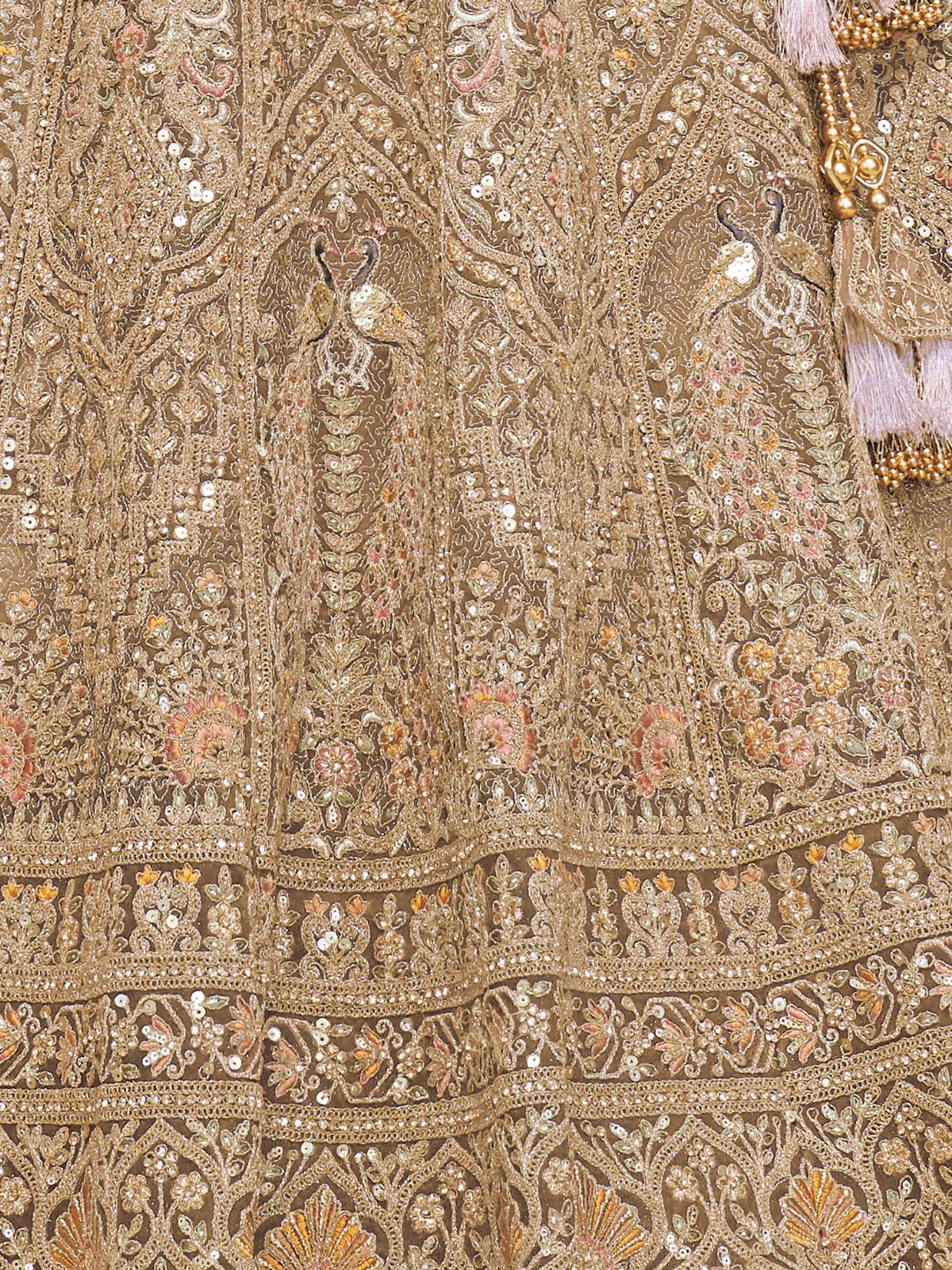 Odette Brown Soft Net Embroidered Semi-Stitched Lehenga With Unstitched Blouse For Women - Image 7