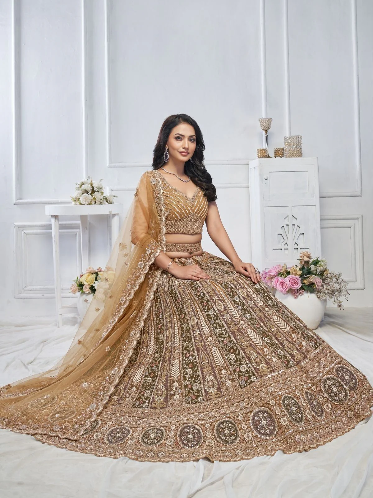 Odette Brown Soft Net Embroidered Semi-Stitched Lehenga With Unstitched Blouse For Women - Image 3