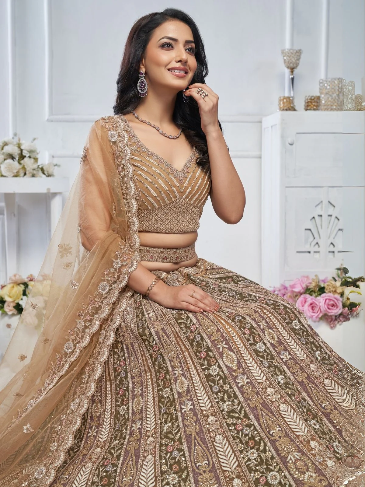 Odette Brown Soft Net Embroidered Semi-Stitched Lehenga With Unstitched Blouse For Women - Image 4