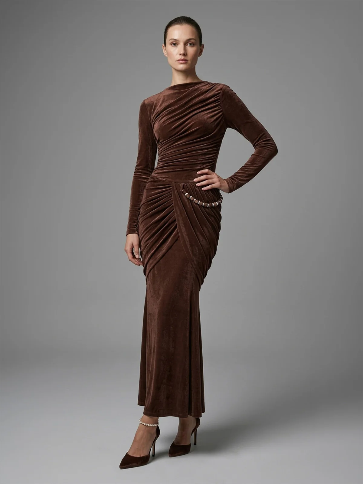 Odette Brown Soft Net Solid Dresses For Women