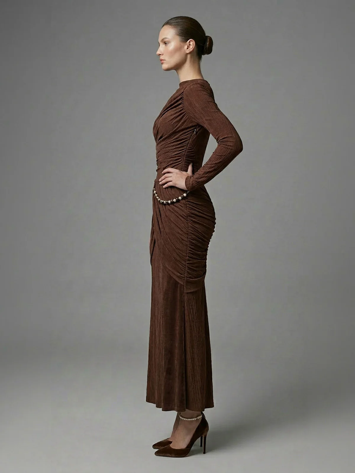 Odette Brown Soft Net Solid Dresses For Women - Image 2