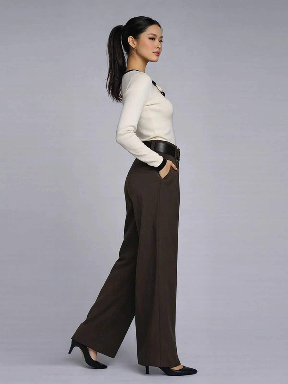 Odette Brown Suiting fabric Pleated Trouser For Women - Image 2