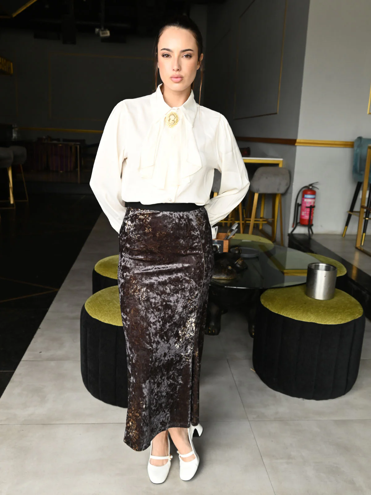 Odette Brown Velvet Printed Long Skirt For Women