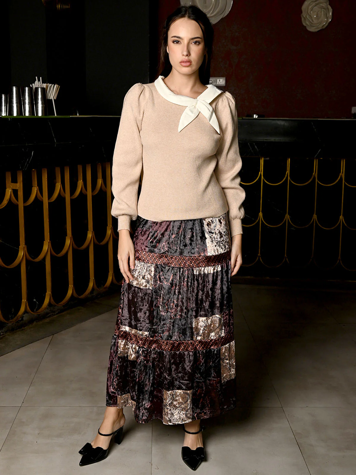 Odette Brown Velvet Printed Skirt For Women