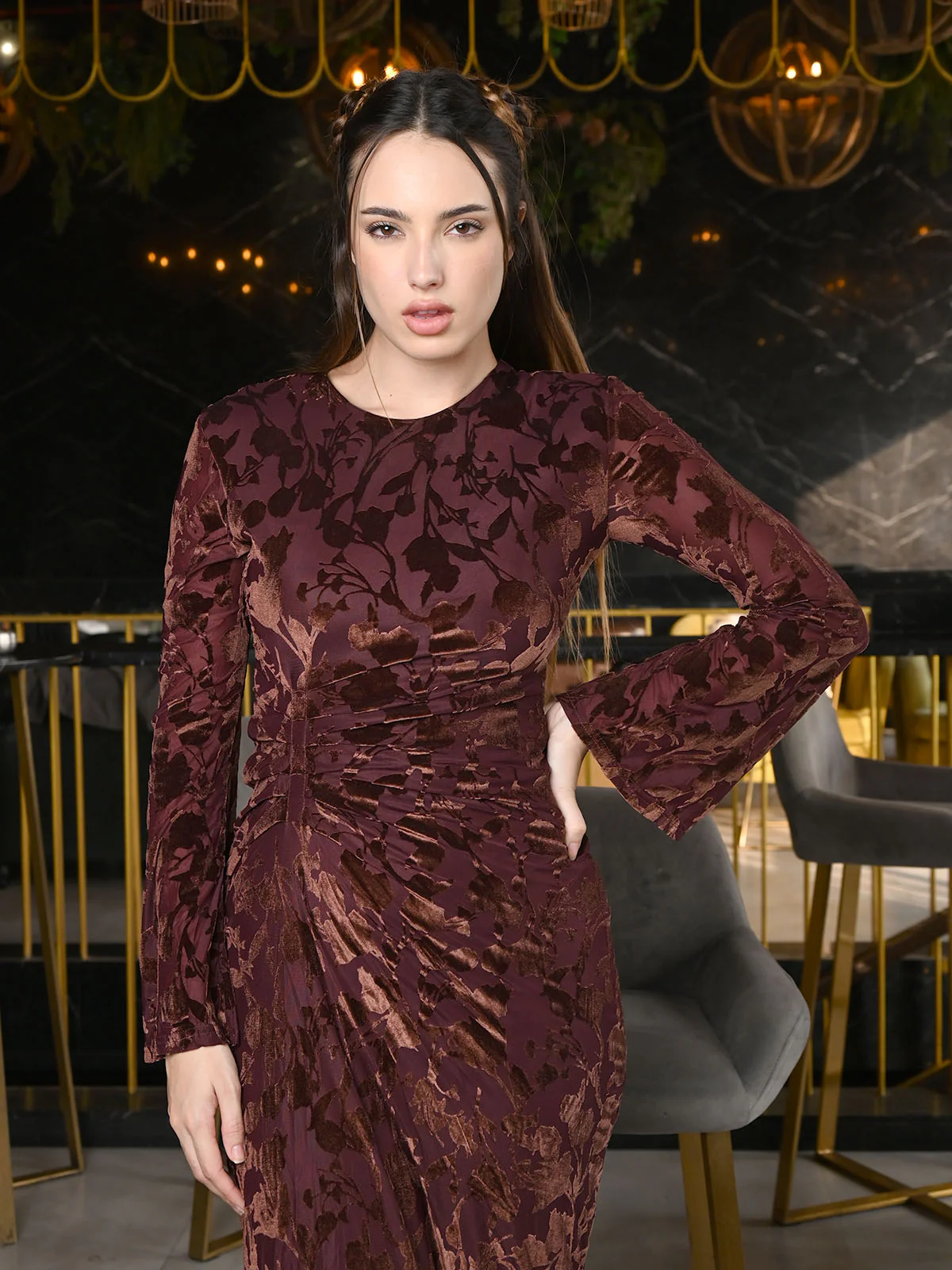 Odette Brown Velvet Woven Dress For Women - Image 5