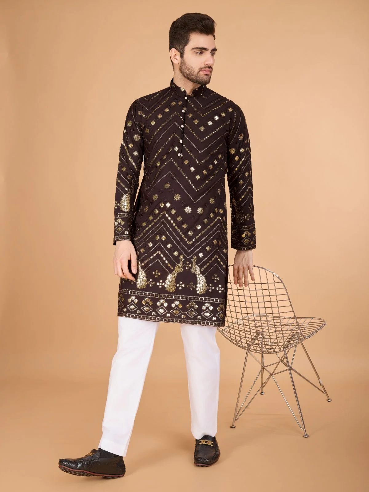 Odette Brown Viscose Rayon Embroidered Stitched Kurta For Men - Image 2