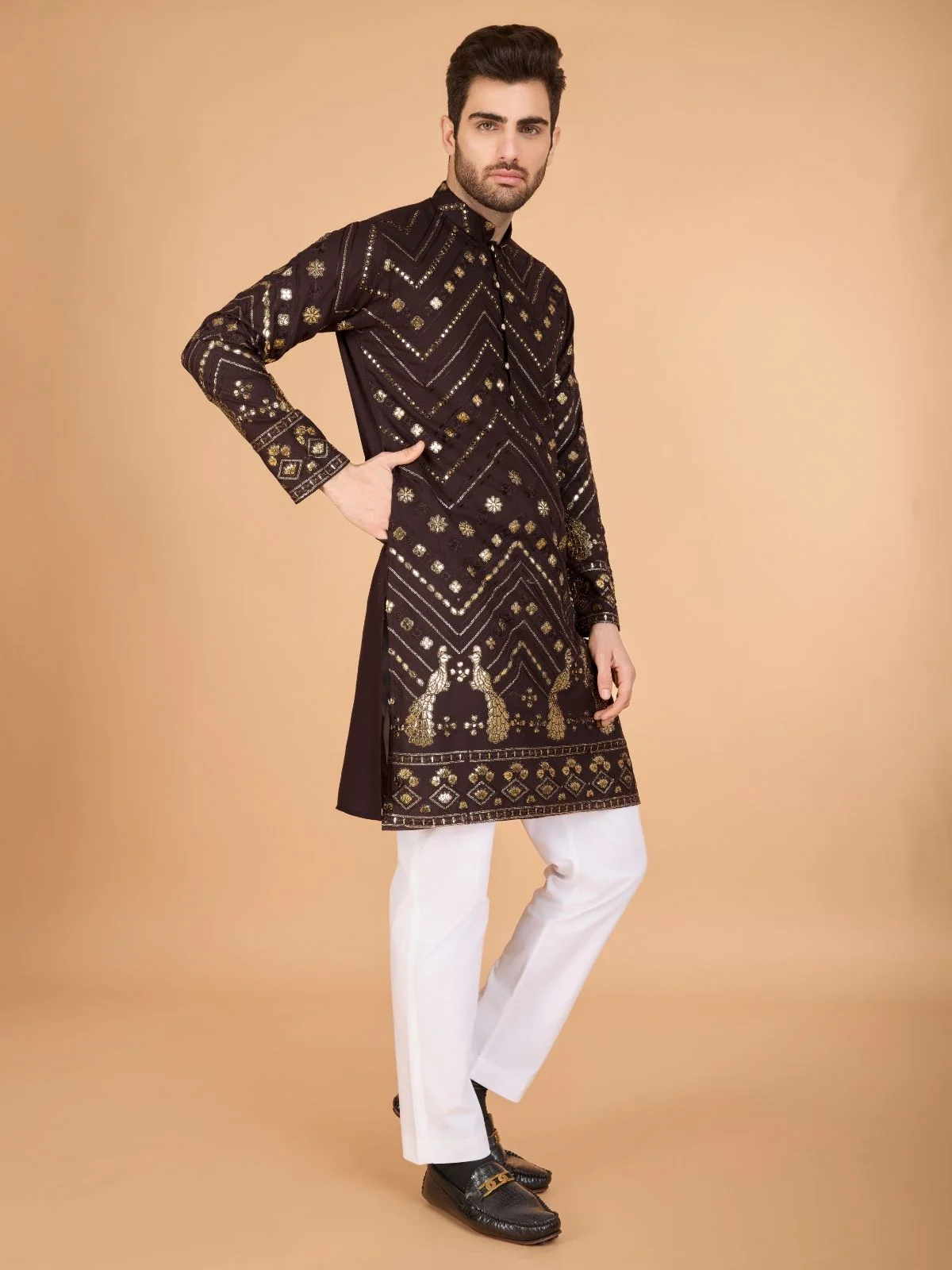 Odette Brown Viscose Rayon Embroidered Stitched Kurta For Men - Image 4