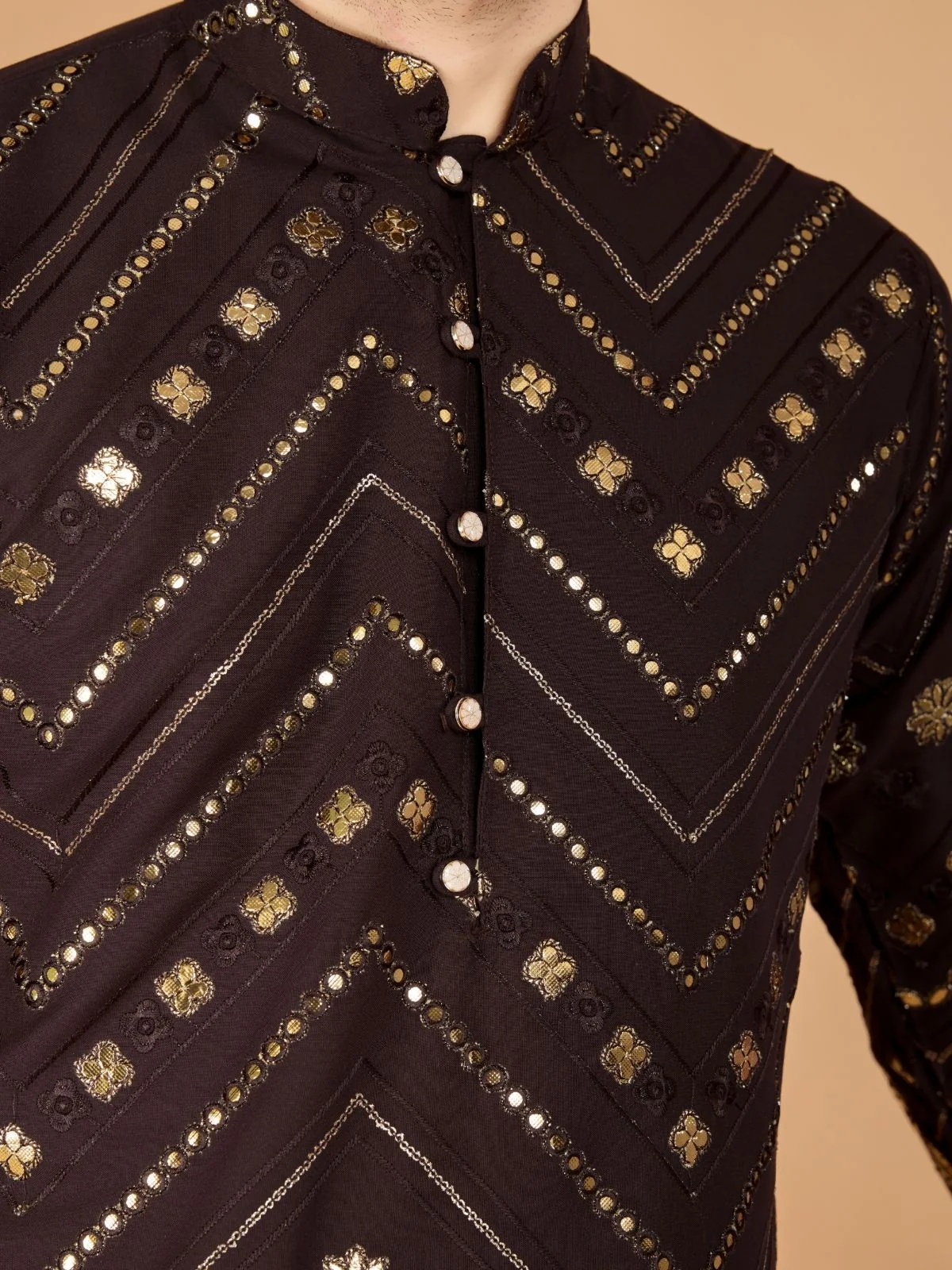 Odette Brown Viscose Rayon Embroidered Stitched Kurta For Men - Image 7