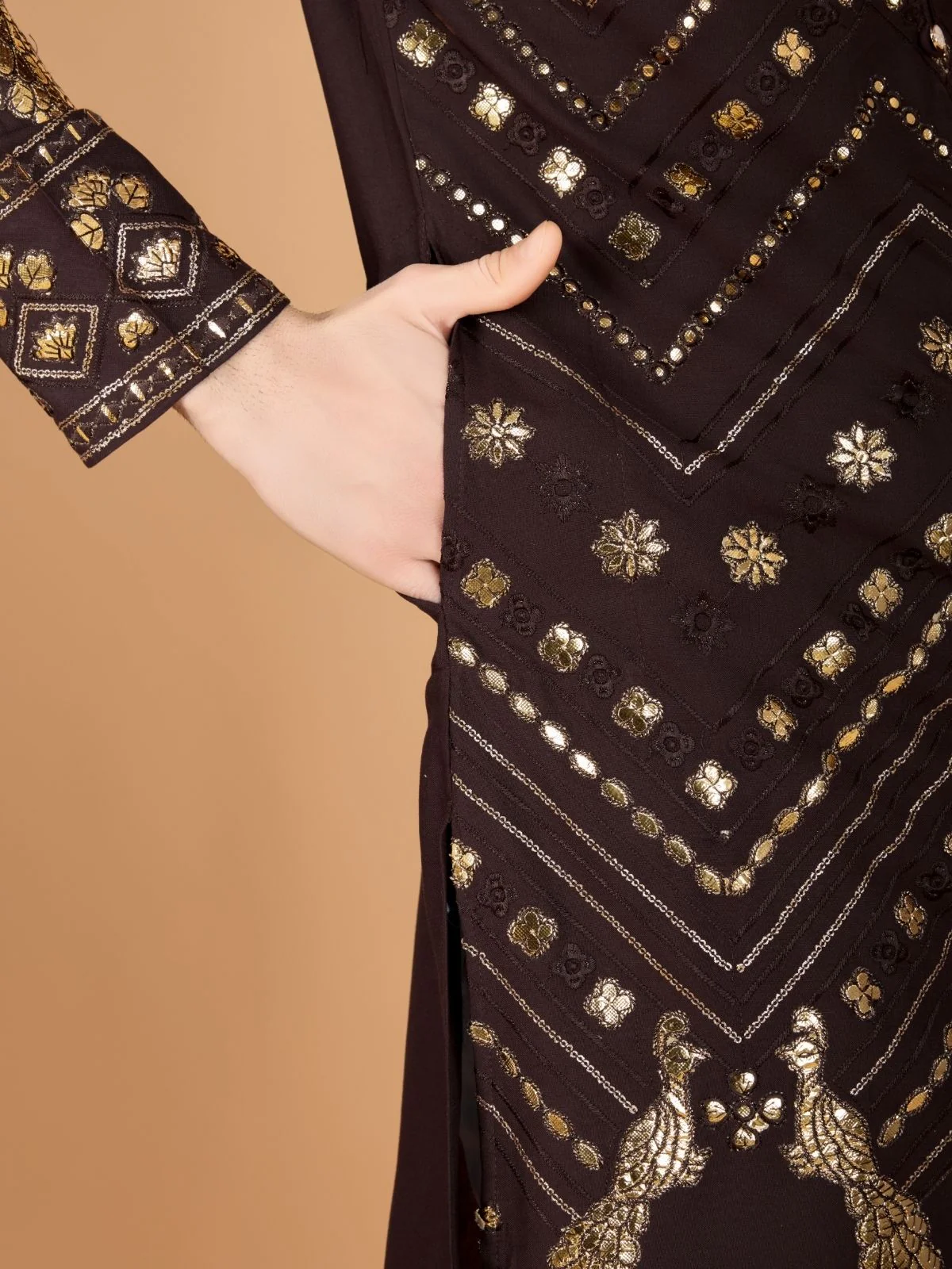 Odette Brown Viscose Rayon Embroidered Stitched Kurta For Men - Image 8