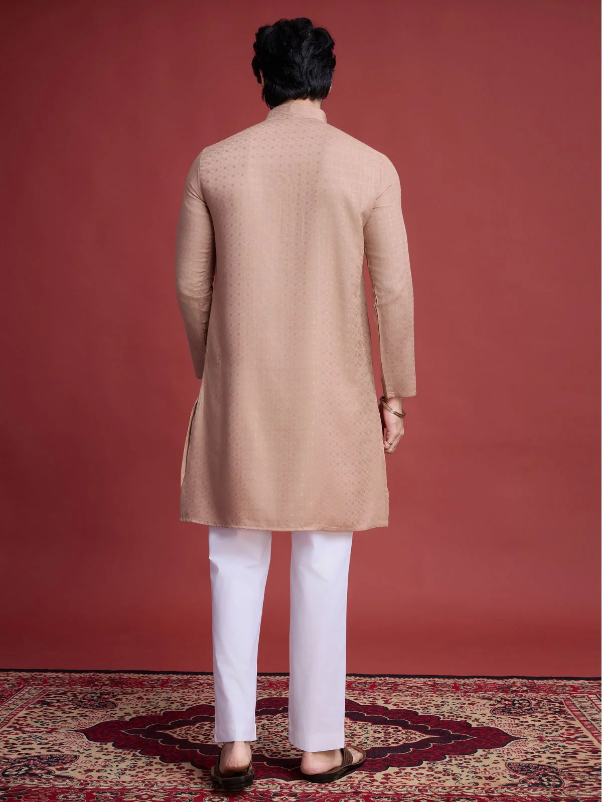 Odette Brown Viscose Rayon Mirror Work Stitched Kurta For Men - Image 3