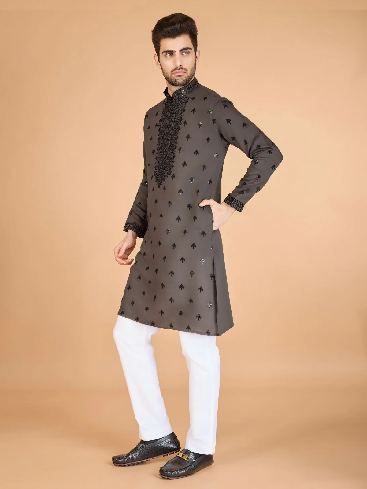 Odette Brown Viscose Silk Embellished Stitched Kurta For Men - Image 3