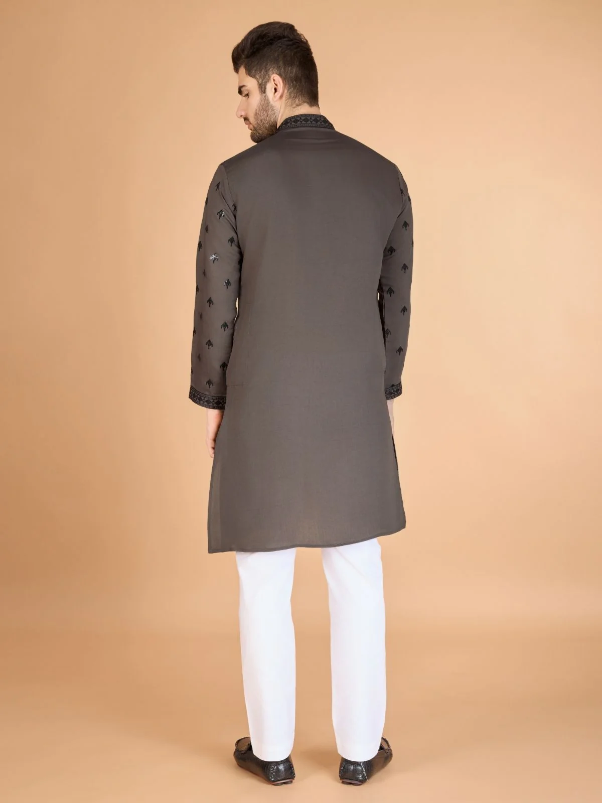Odette Brown Viscose Silk Embellished Stitched Kurta For Men - Image 4