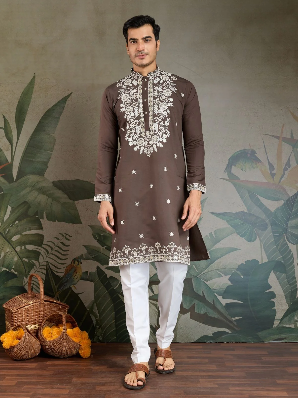 Odette Brown Viscose Silk Embroidered Stitched Kurta For Men