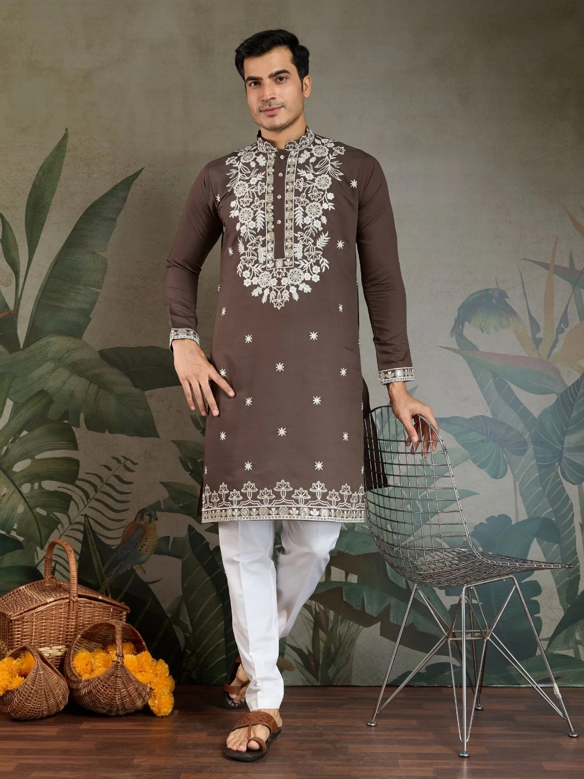 Odette Brown Viscose Silk Embroidered Stitched Kurta For Men - Image 2