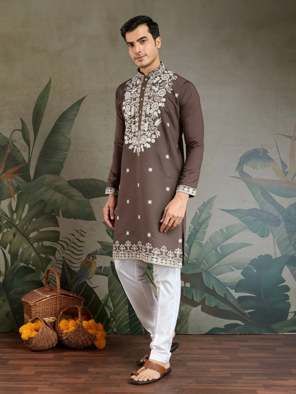 Odette Brown Viscose Silk Embroidered Stitched Kurta For Men - Image 3