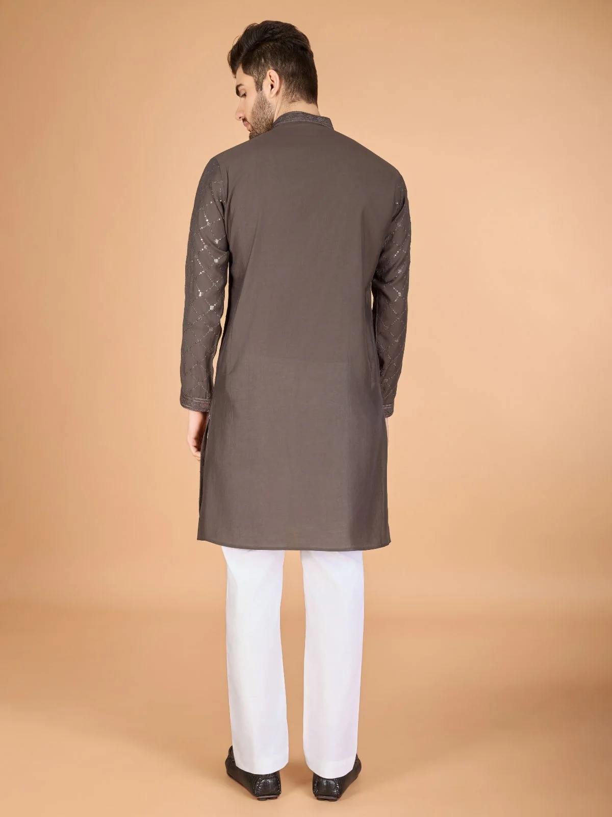 Odette Brown Viscose Silk Sequins Stitched Kurta For Men - Image 4