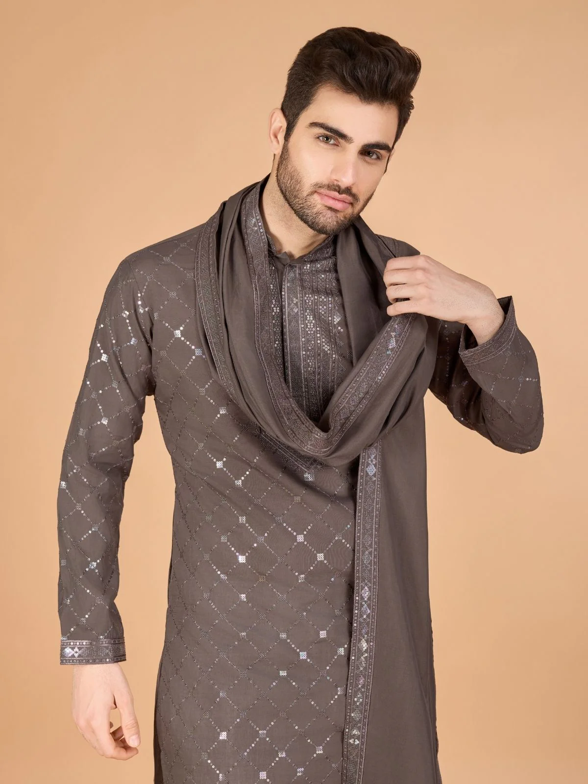 Odette Brown Viscose Silk Sequins Stitched Kurta For Men - Image 5