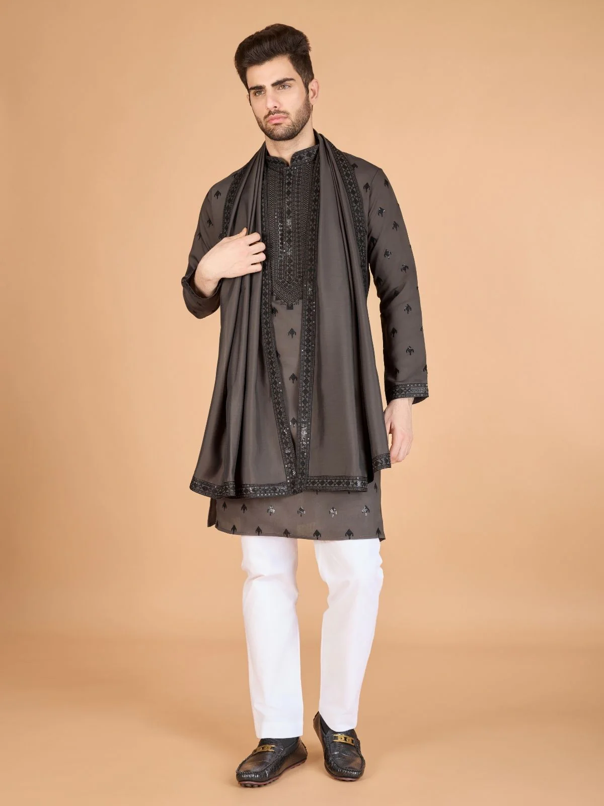 Odette Brown Viscose Silk Sequence Stitched Kurta For Men - Image 3