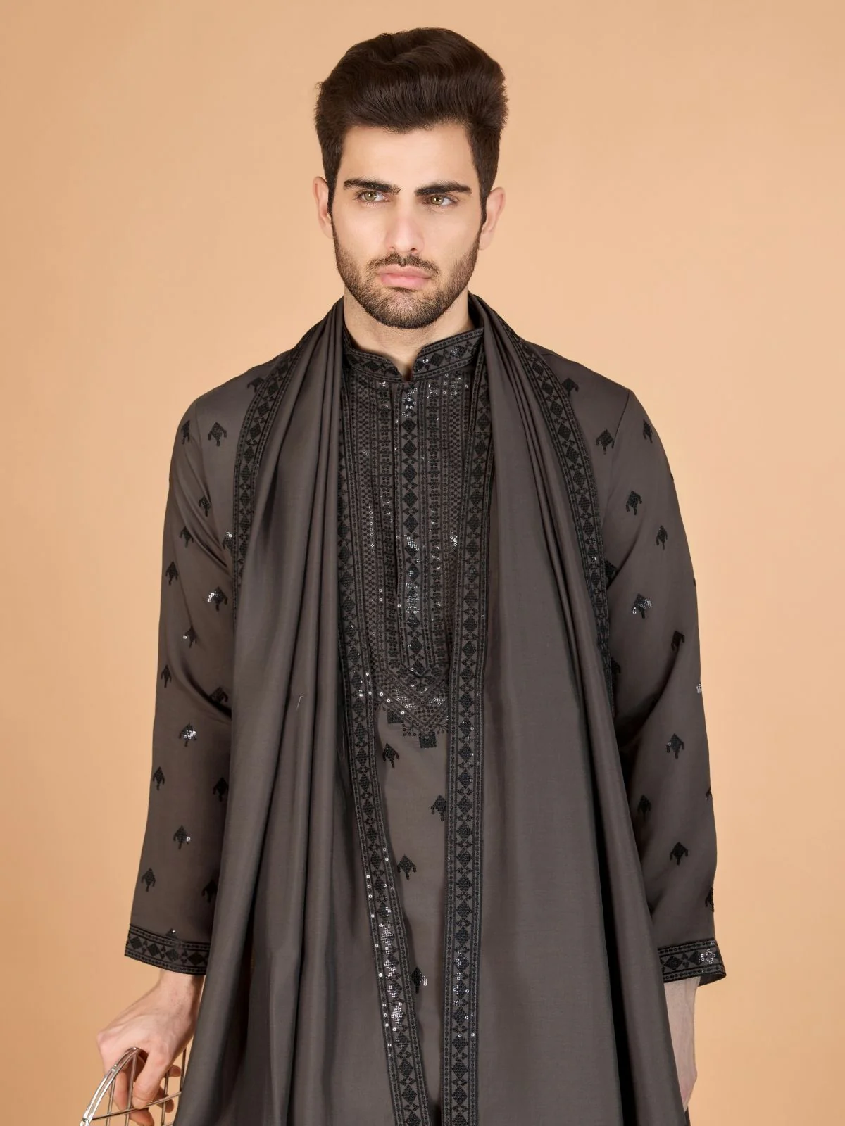 Odette Brown Viscose Silk Sequence Stitched Kurta For Men - Image 6