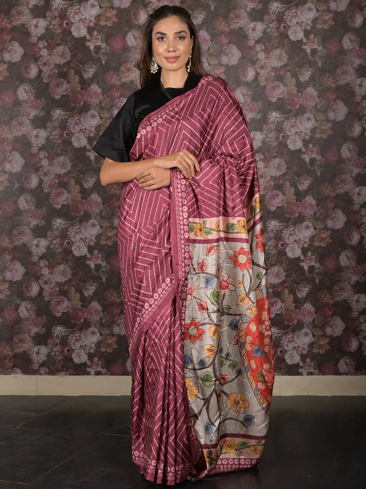 Odette Burgundy Bandhani Print Crepe Saree with Unstitched Blouse for Women