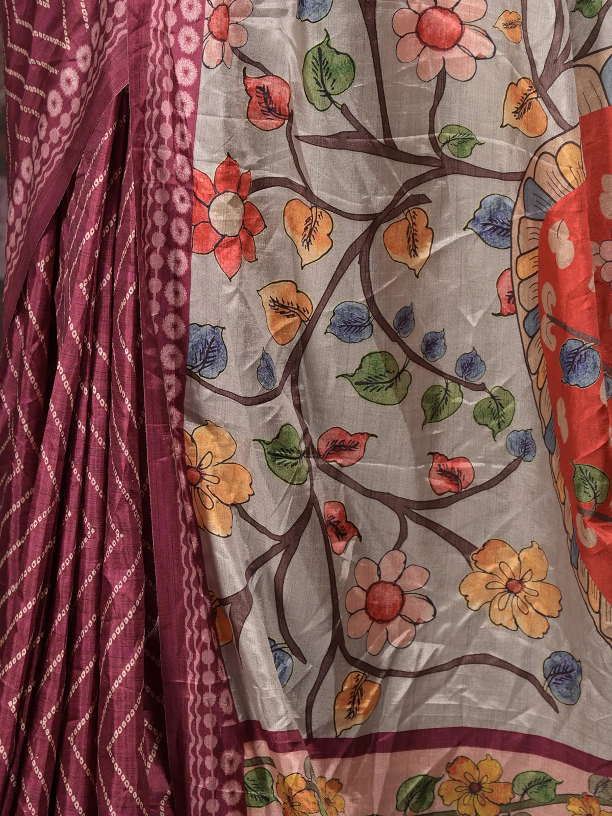 Odette Burgundy Bandhani Print Crepe Saree with Unstitched Blouse for Women - Image 5