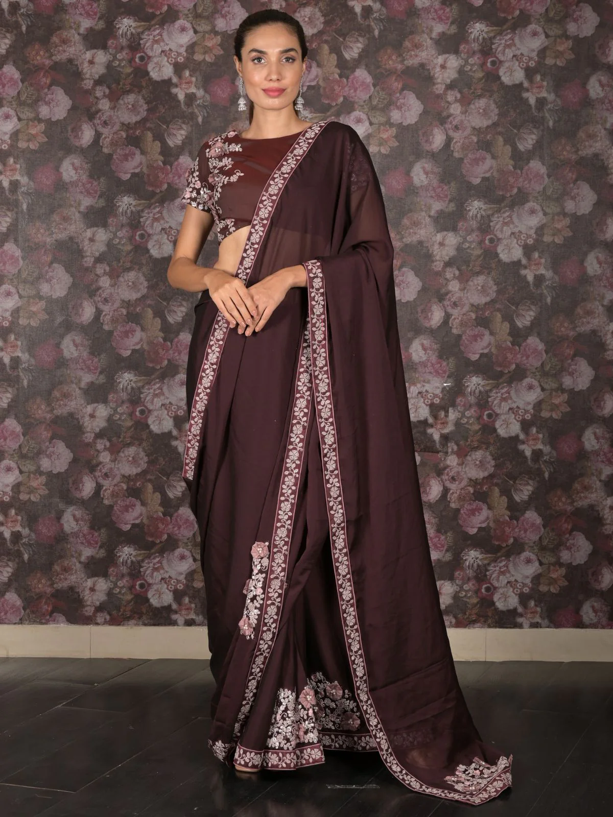 Odette Burgundy Georgette Embroidered Saree With Stitched Blouse For Women - Image 2