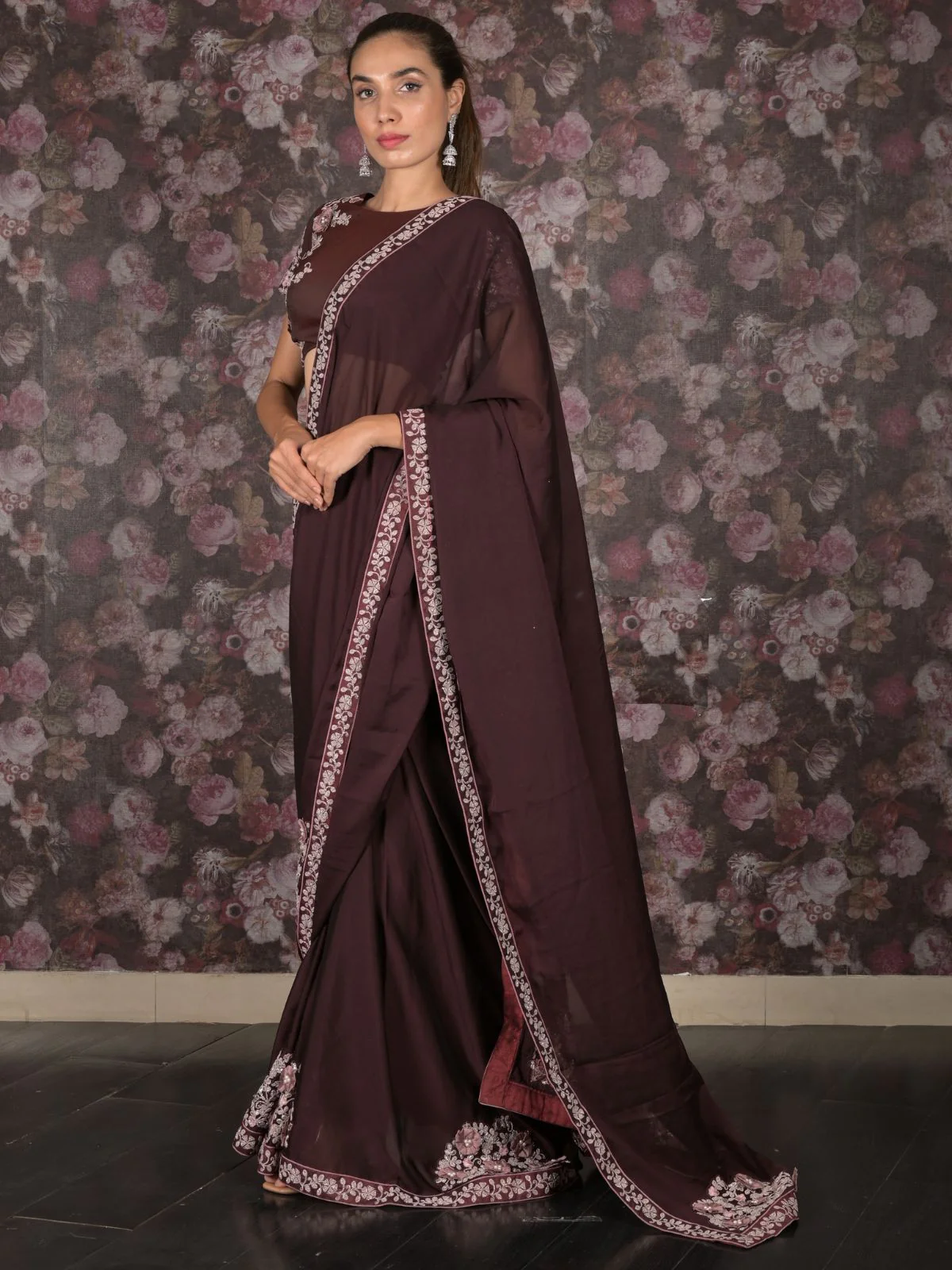 Odette Burgundy Georgette Embroidered Saree With Stitched Blouse For Women - Image 3