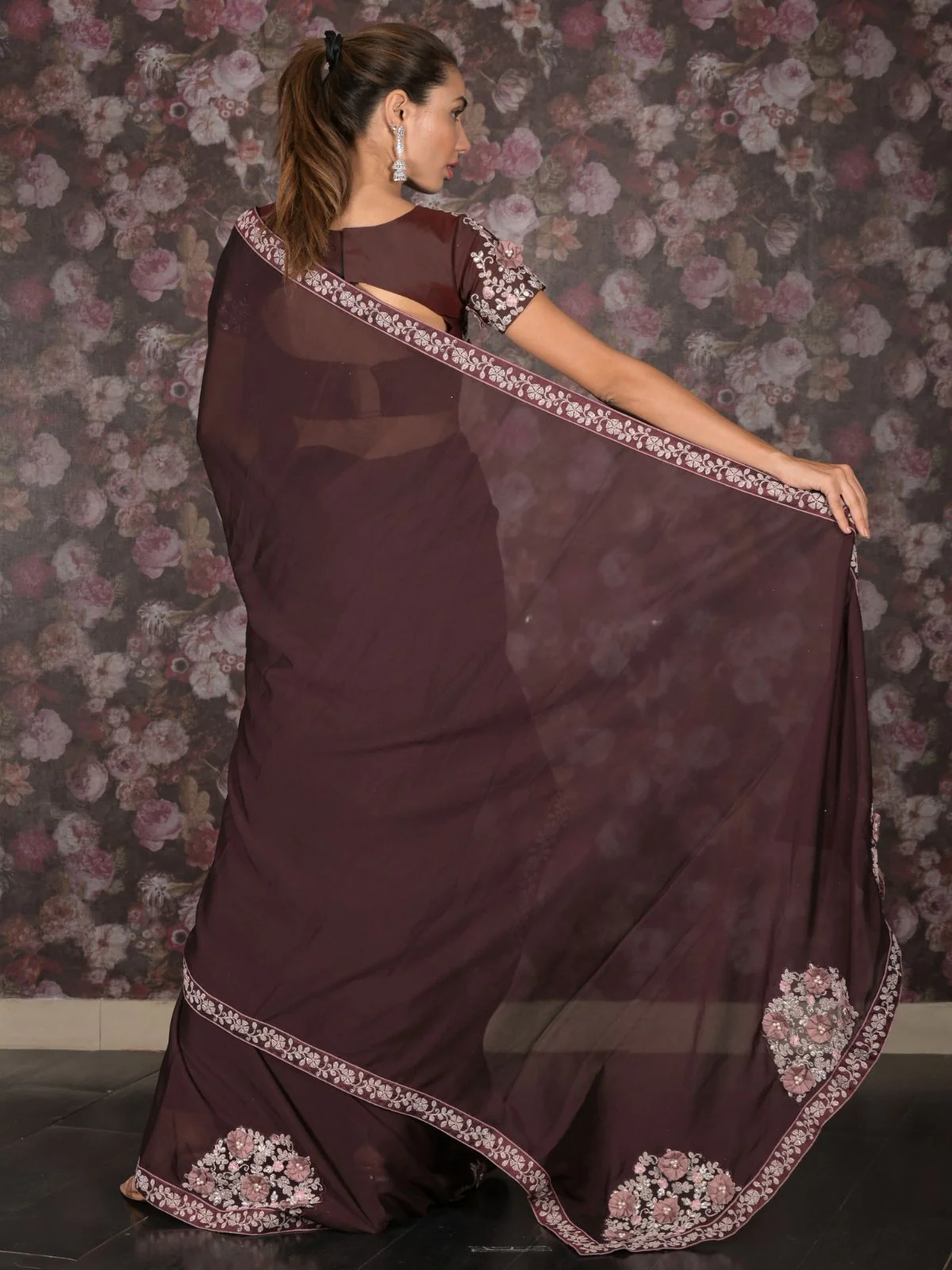 Odette Burgundy Georgette Embroidered Saree With Stitched Blouse For Women - Image 4