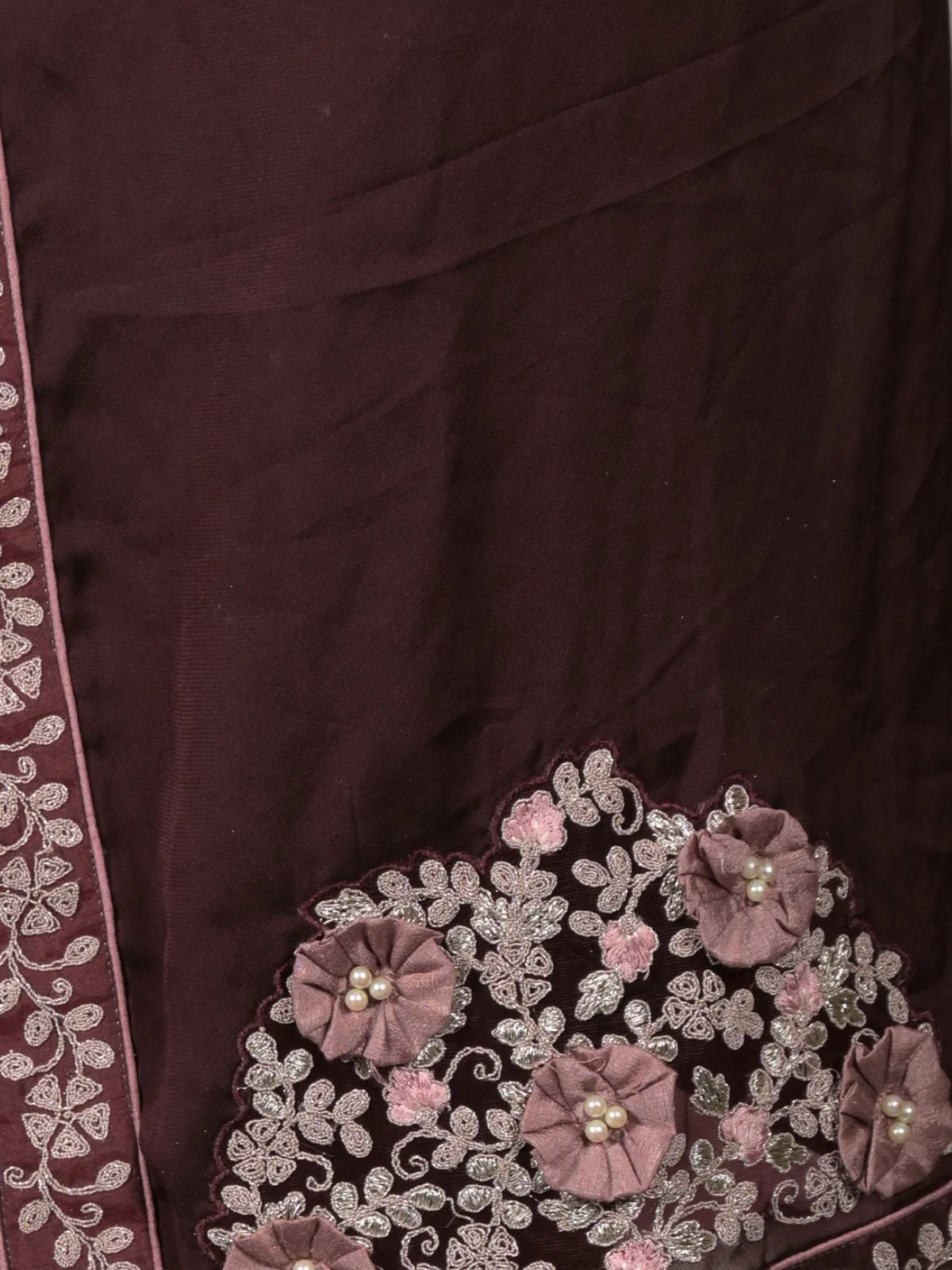 Odette Burgundy Georgette Embroidered Saree With Stitched Blouse For Women - Image 5