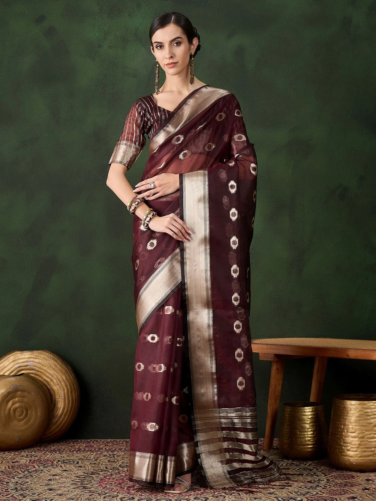 Odette Burgundy Organza Woven Saree With Unstitched Blouse For Women