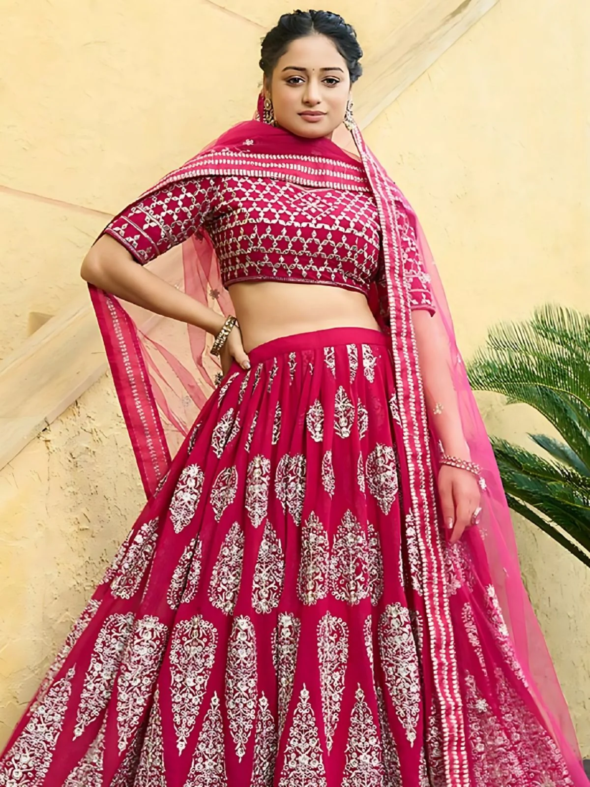 Odette Cherry Red Georgette Embroidered Semi-Stitched Lehenga For Women - Image 3