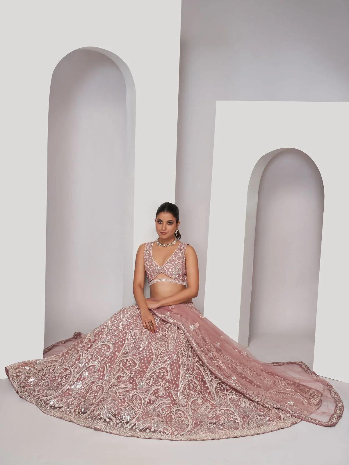Odette Peach Soft Net Embroidered Semi Stitched Lehenga With Unstitched Blouse For Women - Image 2