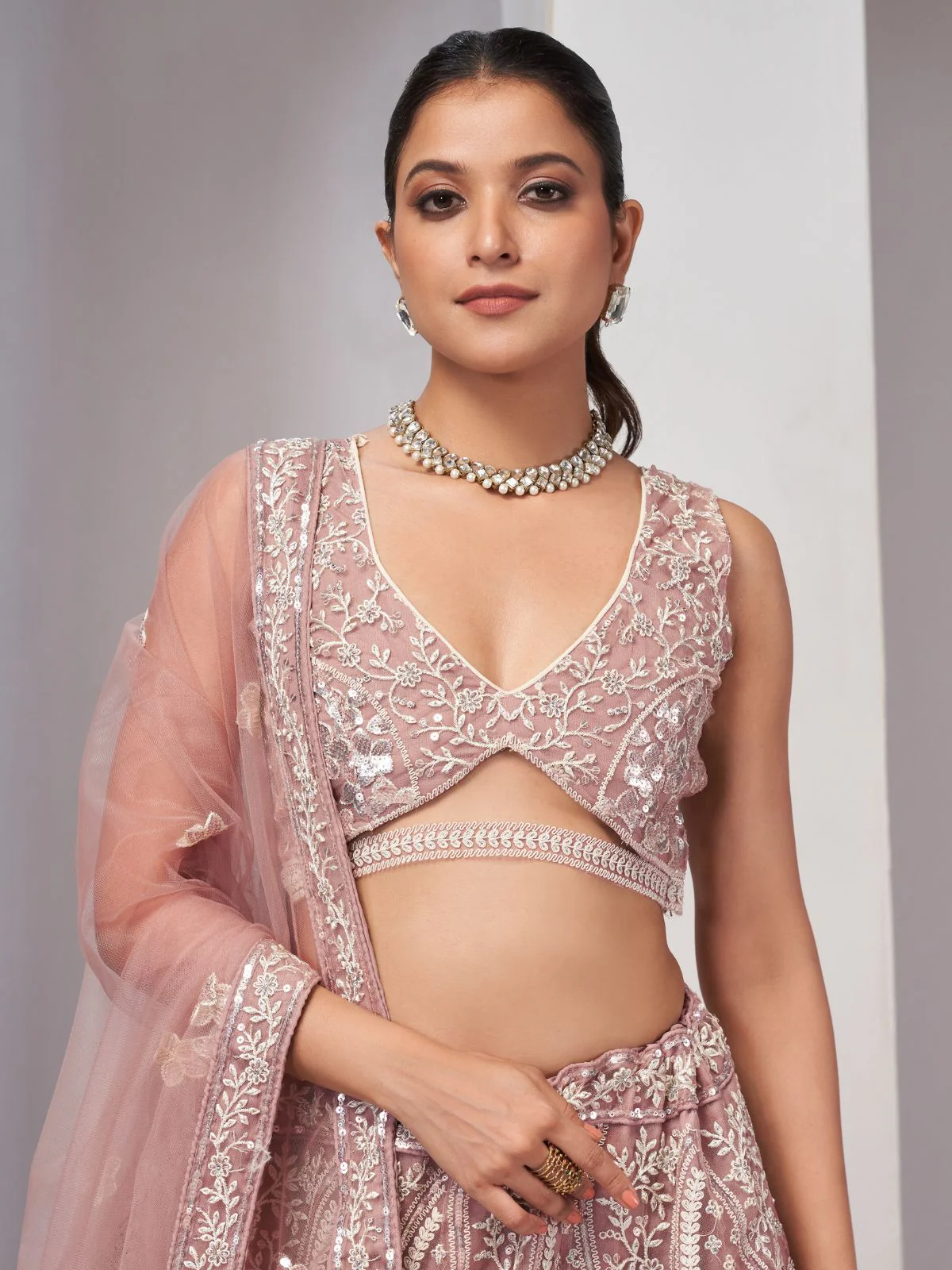 Odette Peach Soft Net Embroidered Semi Stitched Lehenga With Unstitched Blouse For Women - Image 4