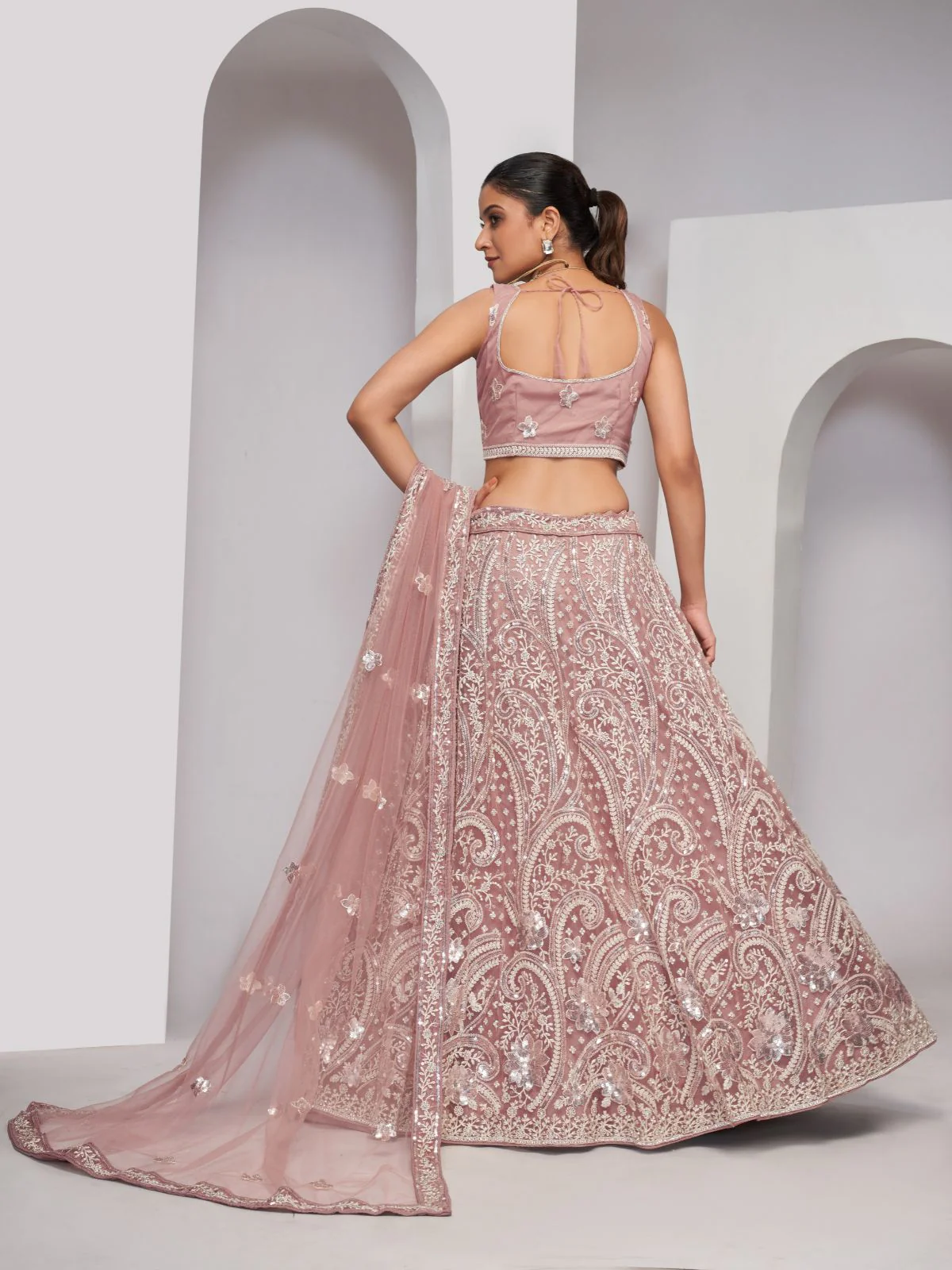 Odette Peach Soft Net Embroidered Semi Stitched Lehenga With Unstitched Blouse For Women - Image 5