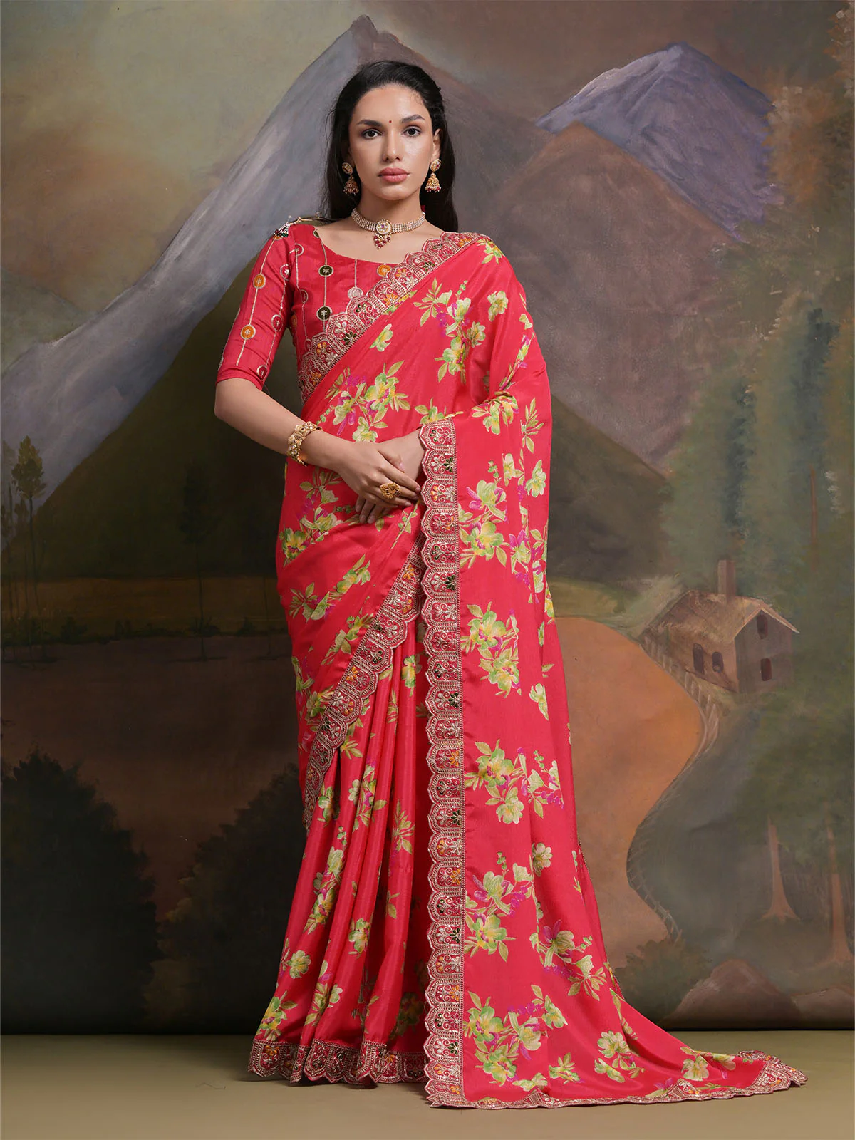 Odette Red Printed Chiffon Saree With Unstitched Blouse For Women