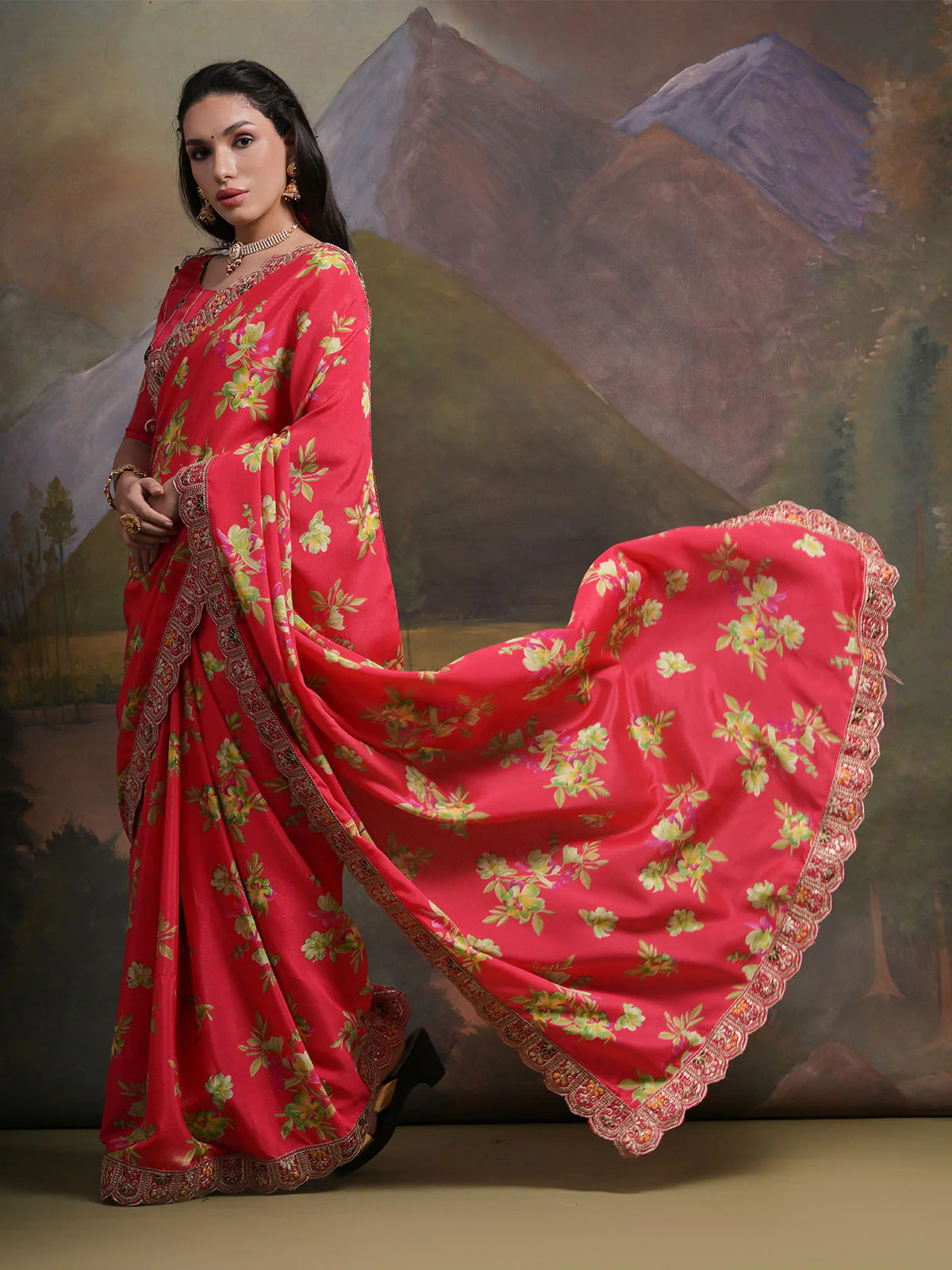 Odette Red Printed Chiffon Saree With Unstitched Blouse For Women - Image 2
