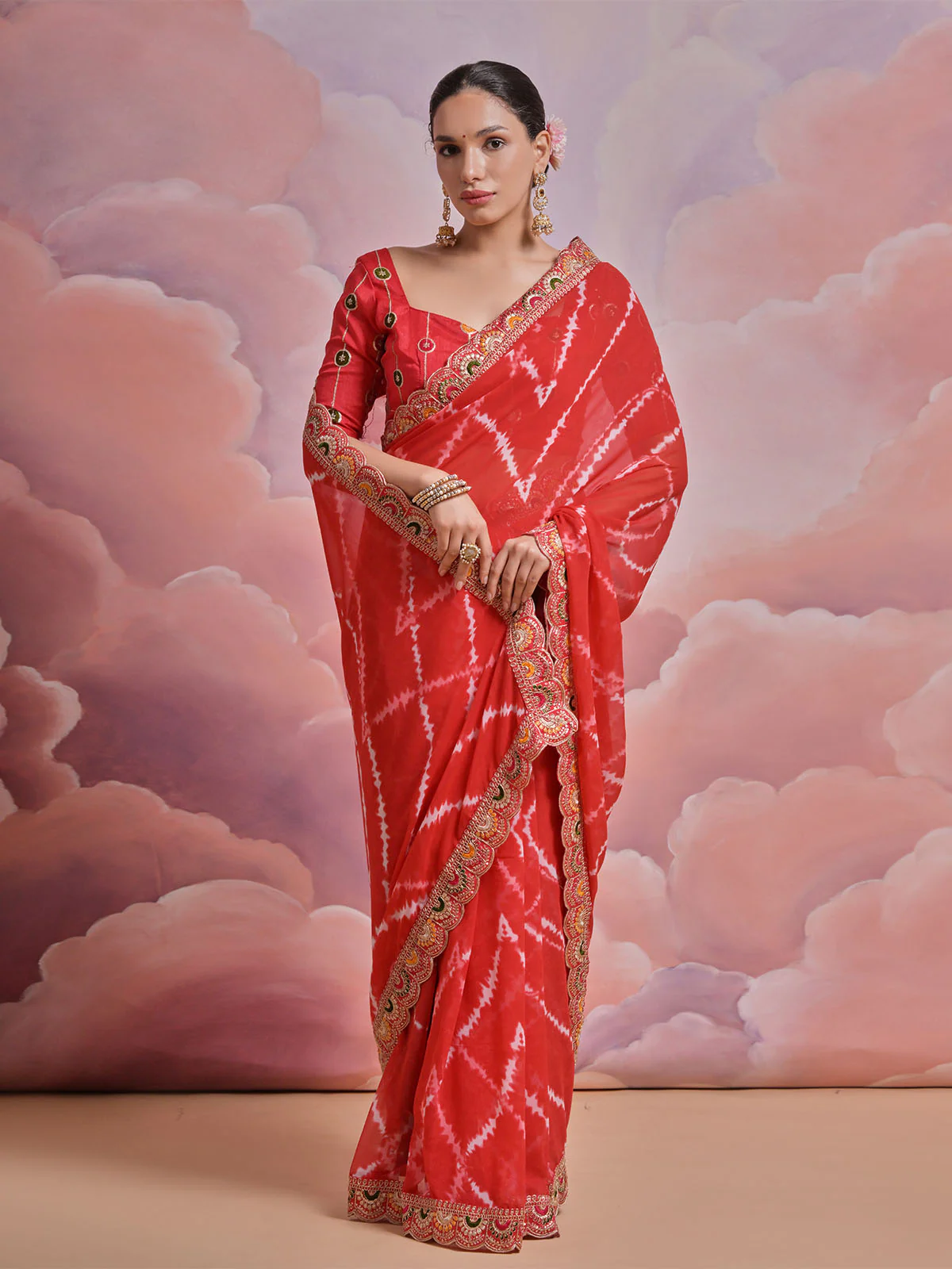 Odette Red Printed Georgette Saree With Unstitched Blouse For Women - Image 3