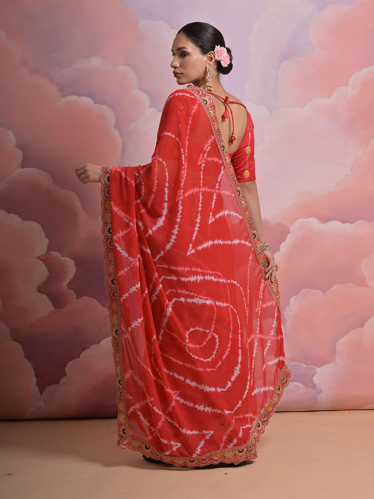 Odette Red Printed Georgette Saree With Unstitched Blouse For Women - Image 4
