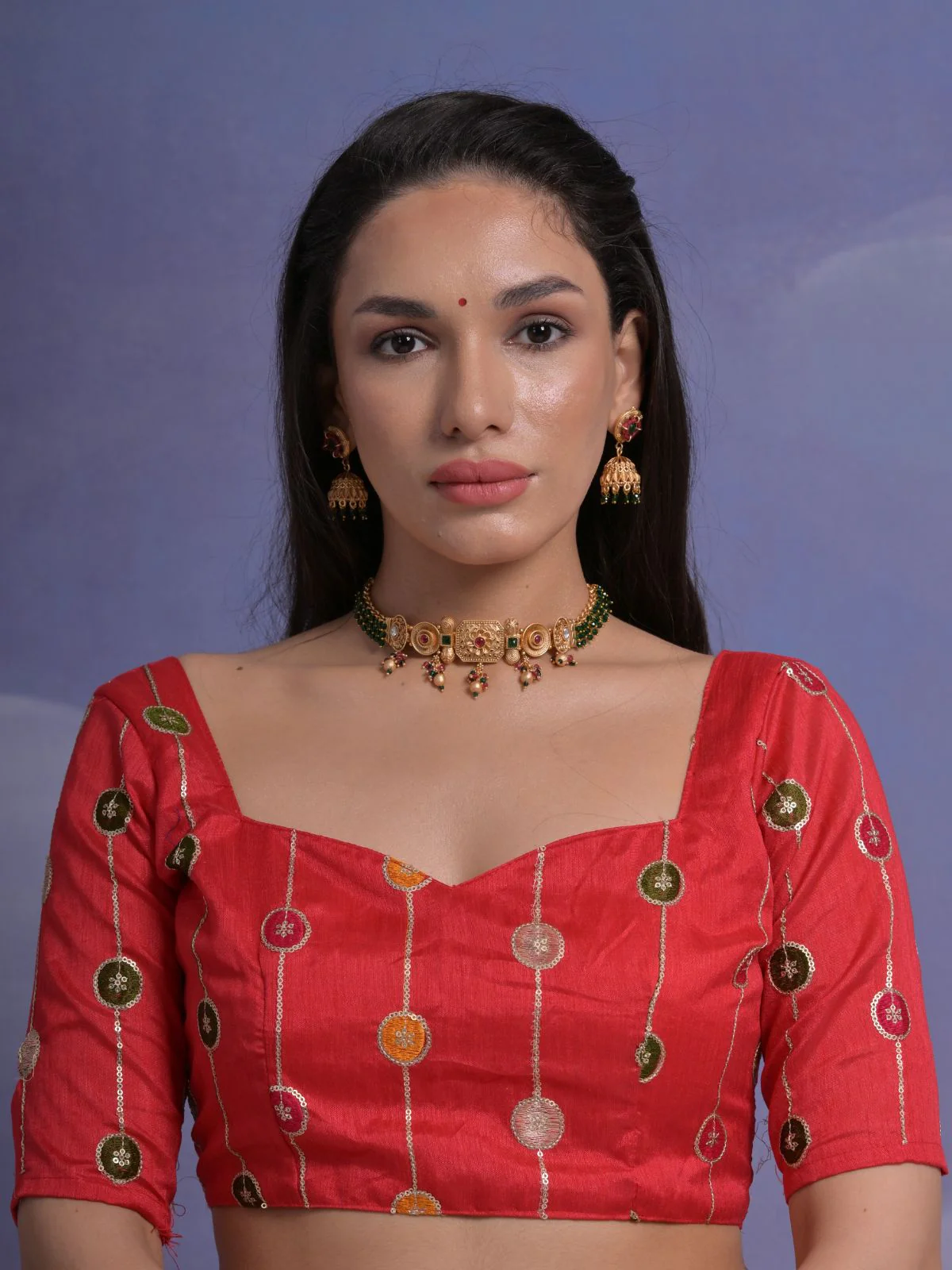Odette Red Printed Georgette Saree With Unstitched Blouse For Women - Image 5
