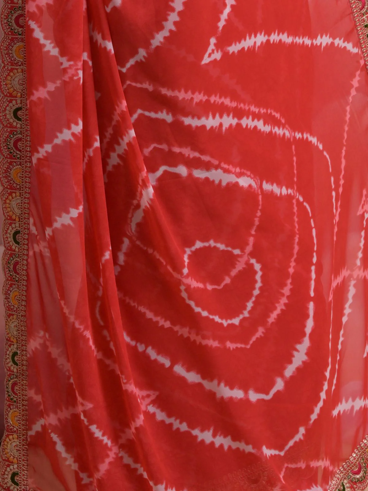 Odette Red Printed Georgette Saree With Unstitched Blouse For Women - Image 7