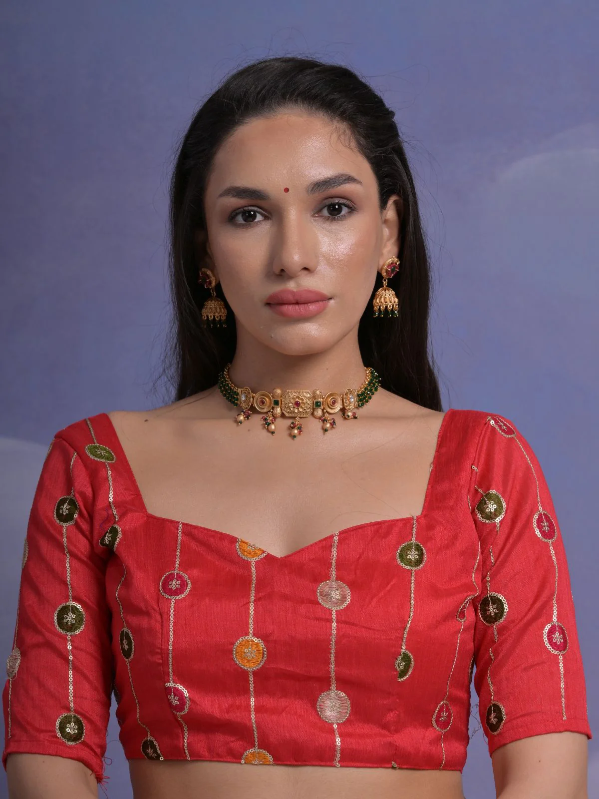 Odette Red Printed Georgette Saree With Unstitched Blouse For Women - Image 6