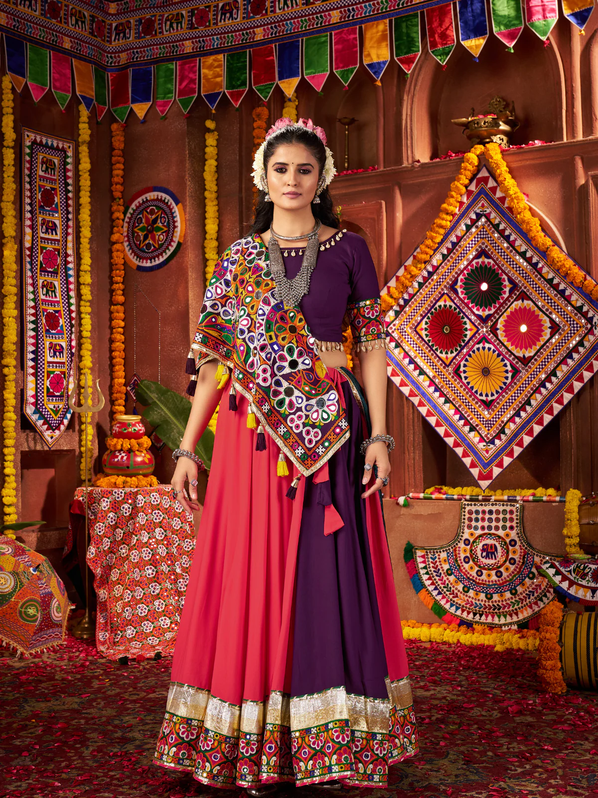 Odette Coral Cotton Blend Embroidered Semi-Stitched lehenga For Women - Image 2