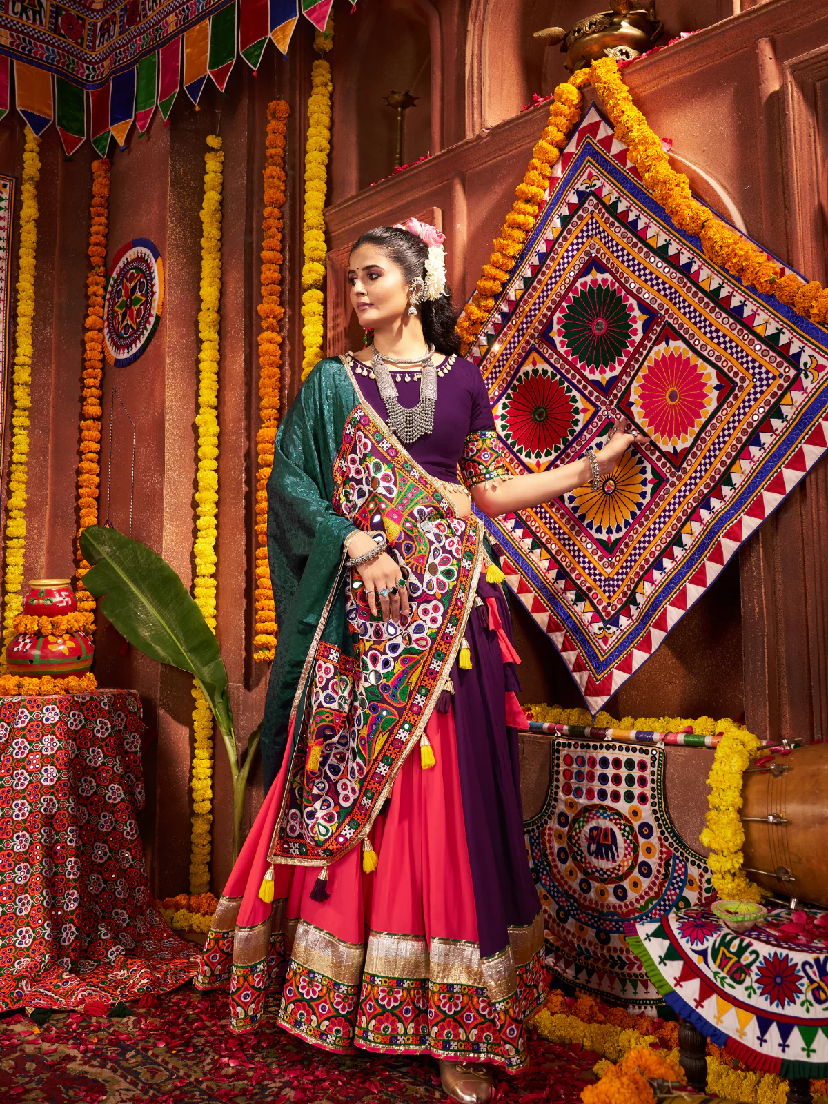 Odette Coral Cotton Blend Embroidered Semi-Stitched lehenga For Women - Image 3