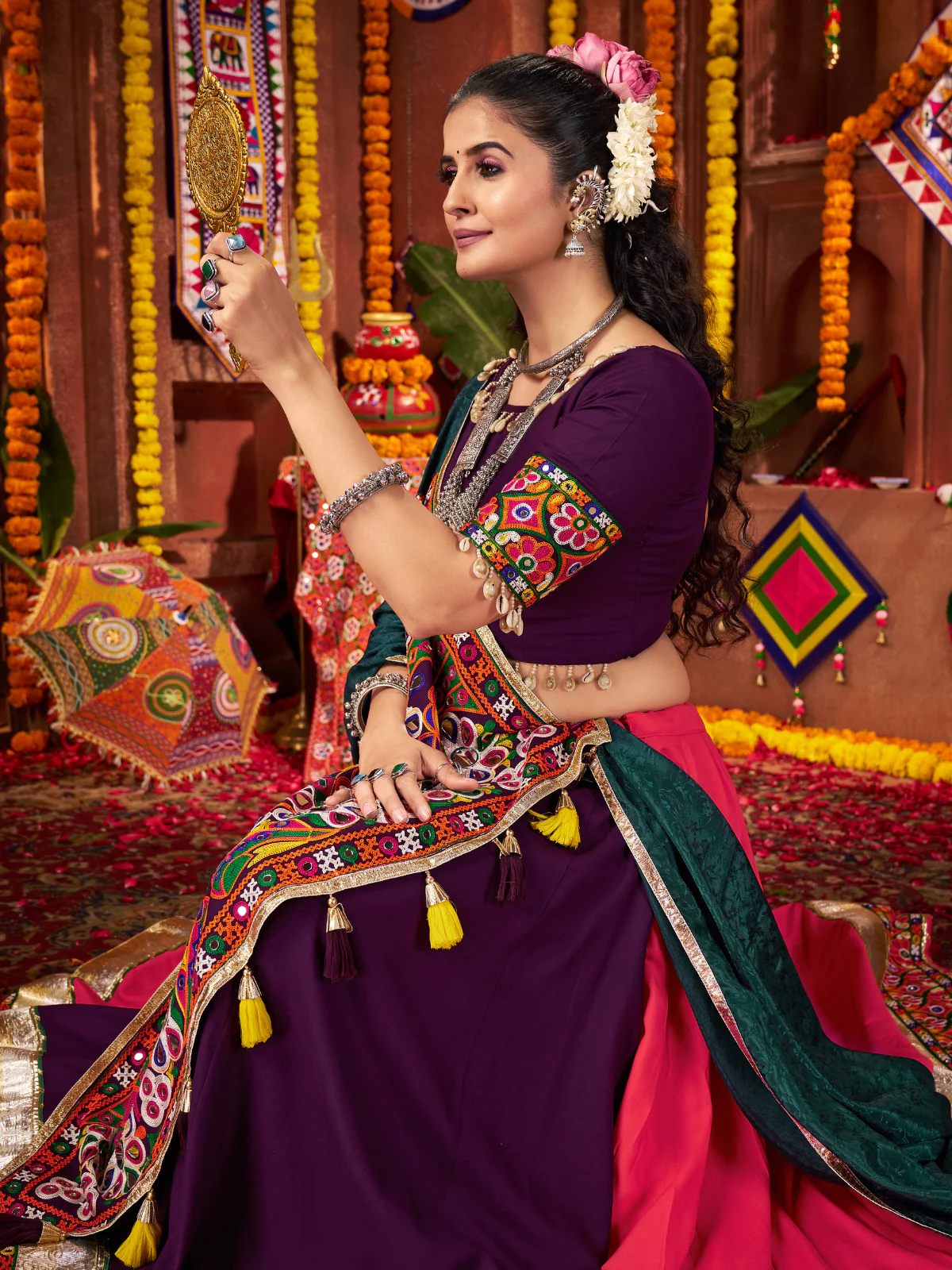Odette Coral Cotton Blend Embroidered Semi-Stitched lehenga For Women - Image 4